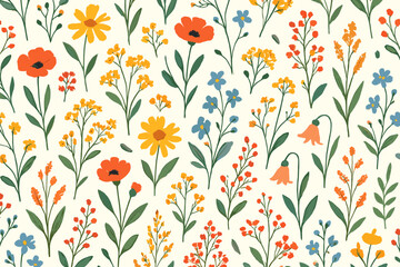 Floral seamless pattern with hand drawn meadow wildflowers. Botanical folk art background with poppy, daisy, bellflower. Vintage vector illustration for fabric, textile, wallpaper.