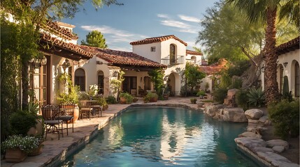 Obraz premium Sun-kissed Mediterranean-style homes with red-tiled roofs and desert landscapes surround a serene backyard pool in Phoenix, Arizona's suburban oasis. .