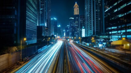 Cityscape at Night with Car Light Trails