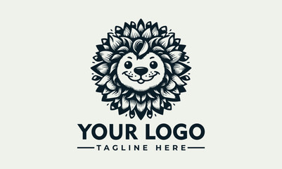 Happy lion illustration with a mane made of stylized leaves in black and white. Nature and animal concept