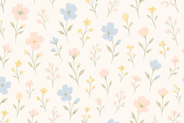 Seamless floral pattern with delicate watercolor wildflowers. Hand-painted ditsy flowers in pastel pink, blue, and yellow on a paper texture background. Romantic vintage design.