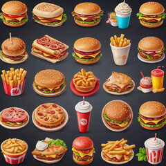 Vector illustration set of food icons including cake coffee candy cupcake bread chocolate hamburger sandwich croissant and breakfast meal perfect for bakery dessert restaurant design sweet cartoon art