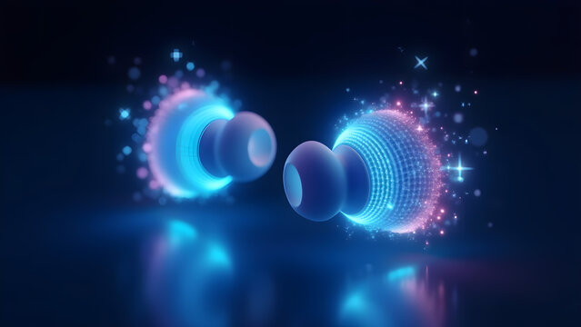 Wireless earbuds with glowing holographic sound waves and copy space concept as A pair of wireless earbuds with floating holographic sound waves emanating from them glowing brightl Cleans
