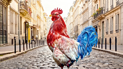Rooster with Plumage Colored in French Flag Colors Stands against  Background of  Street with Historic Buildings