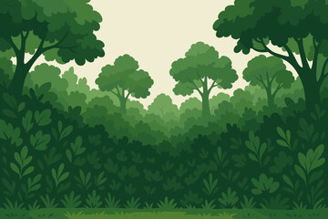 Lush forest landscape vector background. Flat cartoon illustration of green trees, plants and foliage. Natural park or woods scenery. Dense jungle ecology concept backdrop.