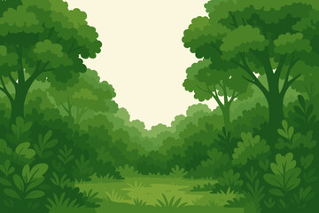 Lush green forest glade landscape background. Vector cartoon illustration of summer woods with trees and bushes. Nature park scenery for eco-friendly or environmental concept.