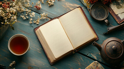 Open Book with Tea and Flowers: An antique book lies open on a rustic wooden table, accompanied by a cup of tea, dried flowers, and vintage accessories.