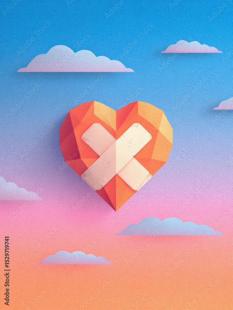 Poster crafted heart with bandage surrounded by soft clouds against a gradient sky at sunset