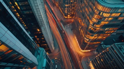 Aerial View of City Buildings and Street with Light Trails