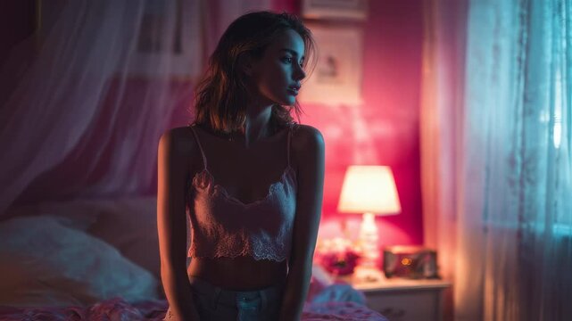 Fashion model sitting on bed in softly lit pink bedroom, blue window light casting dramatic shadows, gazing pensively away from camera with contemplative expression