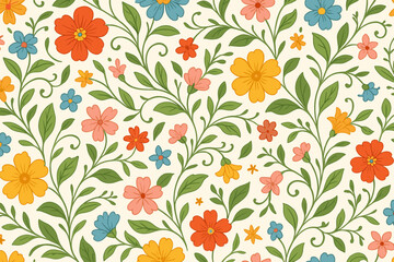 Retro floral seamless pattern with colorful flowers. Vintage 70s groovy aesthetic background for textile design, fabric print, and wallpaper. Ditsy flower power vector illustration.