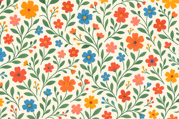 Seamless floral pattern with colorful retro flowers. Vintage botanical background. Hand drawn ditsy print for fabric, textile, wallpaper. Summer meadow vector illustration.