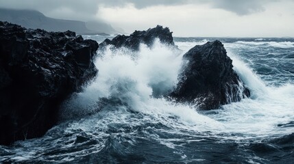 Crashing Waves on Rocks Under Cloudy Sky