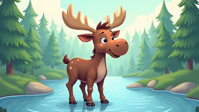 Cute young moose standing in blue river water surrounded