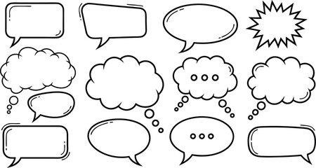Collection of hand drawn black and white comic speech bubbles and thought bubbles for dialogue