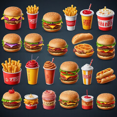 Vector illustration set of food icons including cake coffee candy cupcake bread chocolate hamburger sandwich croissant and breakfast meal perfect for bakery dessert restaurant design sweet cartoon art