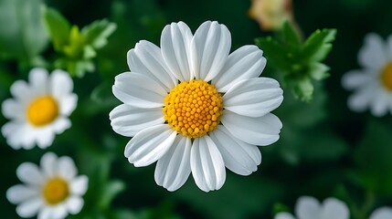 Fototapeta premium Close up of a white daisy with a bright yellow center on a green background