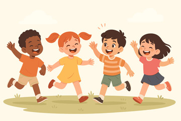 Happy diverse group of children running and playing together outdoors. Cheerful kids, friends having fun in a park. Childhood friendship and summer activity concept vector.