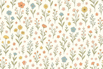 Seamless pattern with cute hand-drawn wildflowers. Retro ditsy floral meadow background. Botanical vector illustration for fabric, wallpaper, textile. Vintage summer spring flowers.