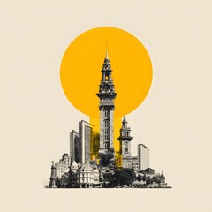 Cityscape silhouette, tall tower, bright sun, architecture illustration, urban landscape graphic