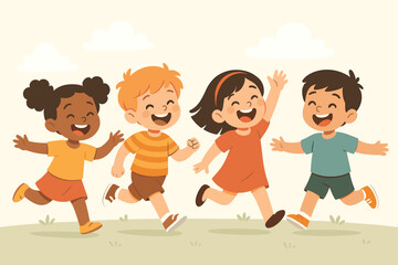 Group of diverse children running and laughing in a summer park. Multicultural kids enjoying outdoor play. Concept of happy childhood, friendship, and diversity. Flat vector.