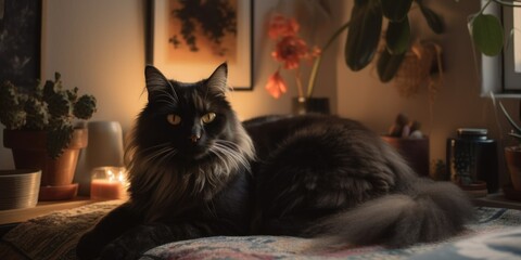 Majestic black cat lounging on a cozy bed surrounded by plants and warm ambient lighting