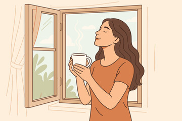 Happy woman enjoying morning coffee by an open window. Relaxed girl with a hot drink enjoying a moment of peace. Concept of self-care, wellness, mindfulness, and serenity.