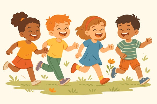 Happy diverse kids running in park. Group of multicultural children playing together outdoors. Joyful childhood, friendship, and fun concept. Cute cartoon vector illustration.