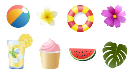 Vector summer set with beach ball, tropical flowers, ice cream, lemonade, lifebuoy, watermelon and monstera leaf. Bright colorful icons on transparent background, perfect for summer design