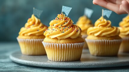 Yellow cupcakes with pastel flags and sprinkles