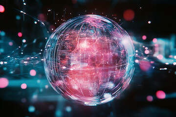 A glowing digital globe with pink and blue lights floating around on a dark background
