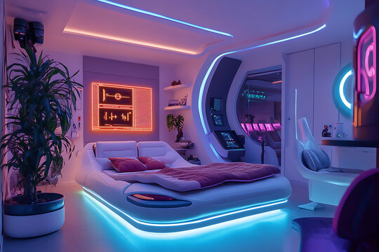 A futuristic bedroom with neon lights, a large bed, and advanced technology interfaces visible nearby