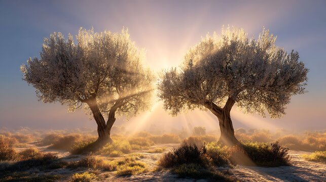 two olive trees with bright sunburst sunlit light, idea for revelation 11, Generative Ai .