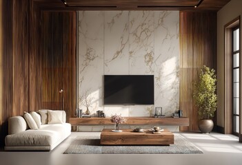 Modern living room design with tv wall decor marble accent wall and wood paneling interior design ideas