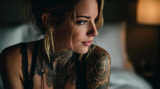 Beautiful tattooed model sits on a bed in a dimly lit bedroom, gazing longingly towards a window, creating a cinematic and intimate atmosphere