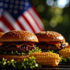 Delicious Grilled Cheeseburgers and Corn with American Flag Background. AI Generated
