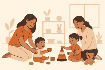 Happy mothers or teachers with children playing educational games in a daycare or kindergarten. Cute toddlers learning with blocks and pyramid toys. Early childhood development.