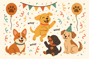 Happy dogs party vector illustration. Set of cute cartoon puppies including corgi and dachshund celebrating a birthday with confetti, balloons, and garlands. Festive animal design.