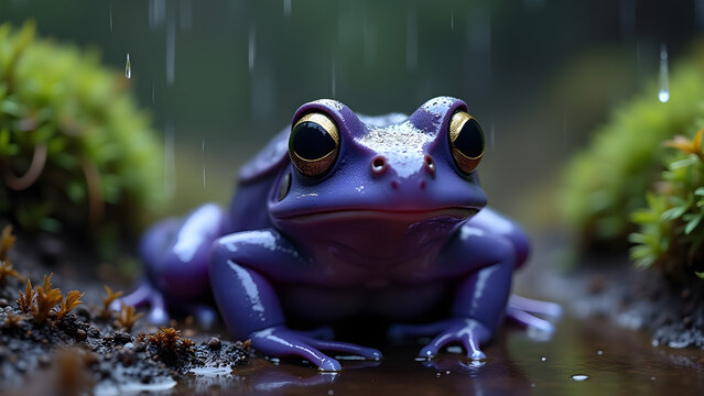 Purple Frog Nasikabatrachus sahyadrensis phylum Chordata class Amphibia order Anura family Nasikabatrachidae emerging wet soil in an Indian forest surrounded