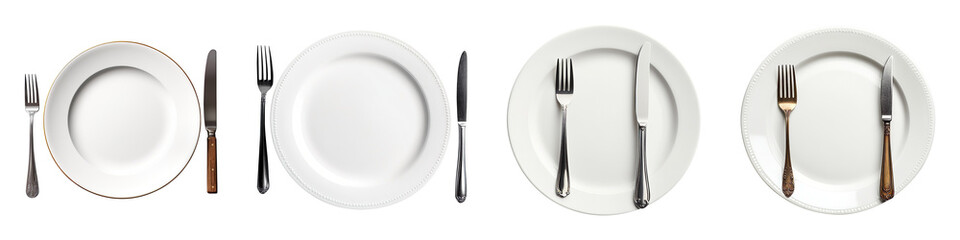 Collection of empty plates with forks and knives, isolated on a transparent background