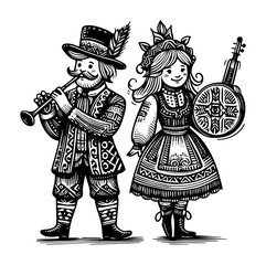 Obraz premium folk couple in traditional costume illustration
