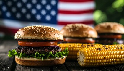 Classic Barbecue Scene with Burgers, Corn, and American Flag, AI Generated