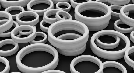 Abstract 3D Rendering of White Rings on Black Background Pattern