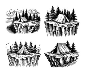 Obraz premium camping in pine forest on rocky cliffs