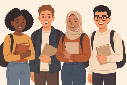 Diverse group of happy university students. Multiethnic friends with backpacks and books. Education, learning, inclusion, and friendship concept. Flat vector character illustration.