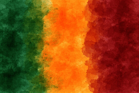 Mesh gradient with grain texture watercolor. Red, green, yellow colors. Abstract banner. Black history month. Juneteenth. MLK day. 