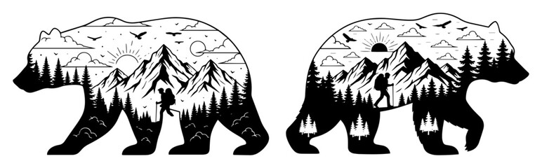 double exposure bear with mountain landscape