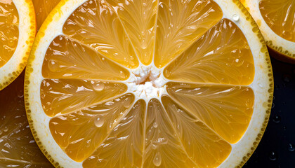 Juicy orange slice showing refreshing water drops and texture