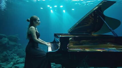 A pianist plays a glowing keyboard submerged, dreamlike underwater world. music ripples water. hands gracefully, bubbles rising note. Floating particles shimmer blue light - Powered by Adobe