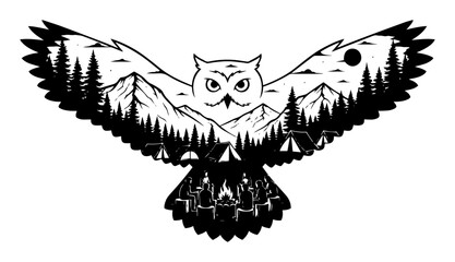 owl silhouette with mountain campsite double exposure